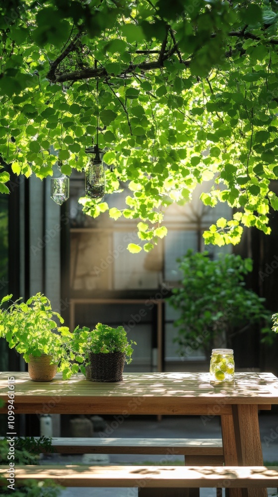 Fototapeta premium Serene Garden Scene with Sunlit Greenery and Fresh Herbs