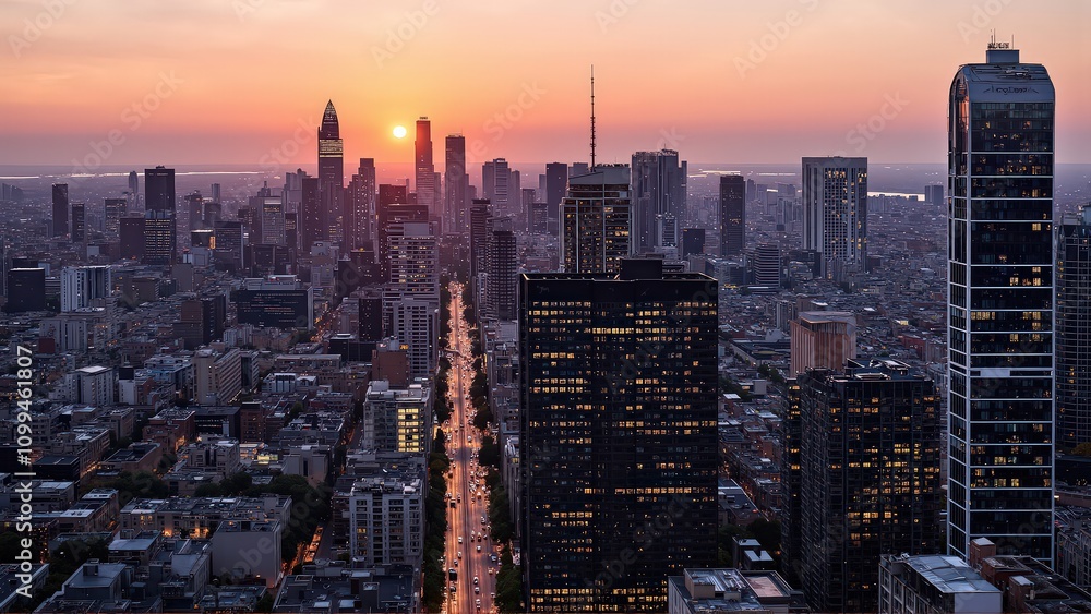 Fototapeta premium Generative AI, Modern Metropolis at Sunset with Reflective Skyscrapers