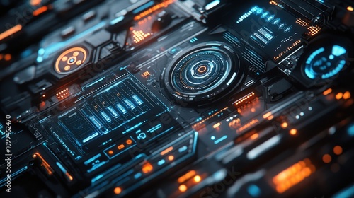 Futuristic tech interface with glowing blue and orange elements.