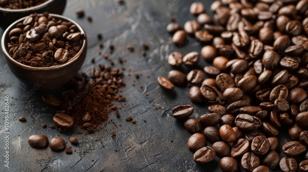Fototapeta premium Roasted coffee beans and ground coffee in rustic setting