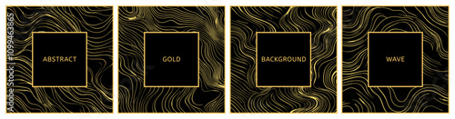 Abstract cards set with golden lines on solid black background. Squaree shape. Labels frames social media stories and packaging design templates with place for text. Simple flat cartoon style vector