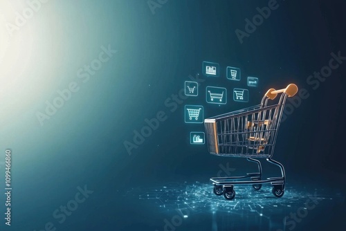 E-commerce innovations shopping cart technology digital marketplace graphic illustration futuristic environment conceptual viewpoint