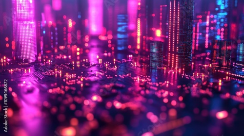 Wallpaper Mural A futuristic city skyline illuminated by neon lights, reminiscent of a circuit board, representing a digital metropolis. Torontodigital.ca