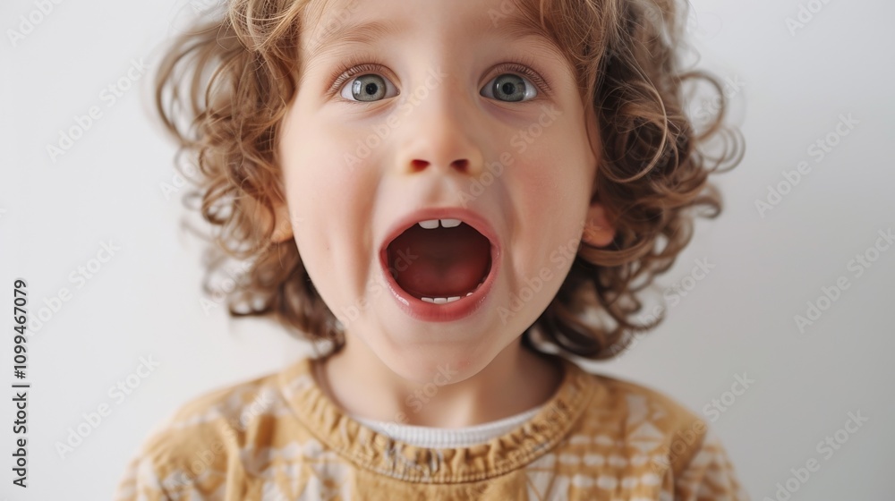 A young child with curly hair and a yellow shirt is captured in a close-up photo their mouth wide open screaming. A young child with curly hair and a yellow shirt is captured in a close-up photo their mouth wide open screaming.