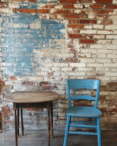 Exposed Brick Wall with Blue Chair: Rustic Charm for Single Seat Rest photo