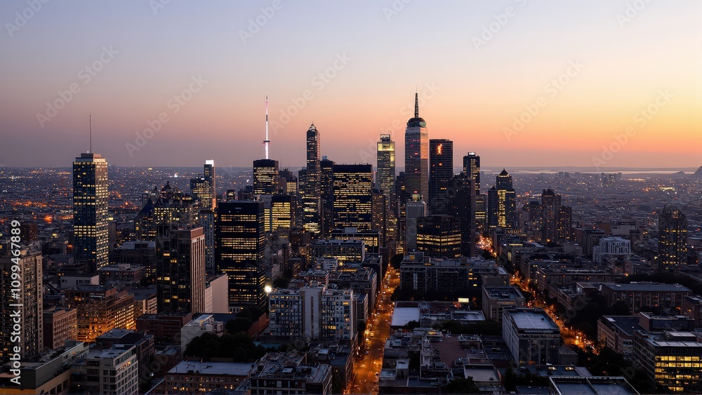 Fototapeta premium Generative AI, Modern Metropolis at Sunset with Reflective Skyscrapers