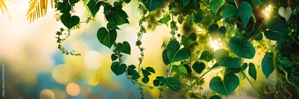 Obraz premium Tropical Heart-Shaped Leaves with Sunlight Bokeh Background, Morning Glory or Philodendron vine leaves, generative AI