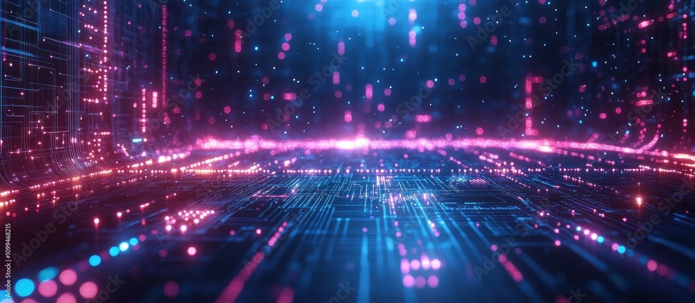 Obraz premium Abstract digital background with pink and blue glowing lines and lights.