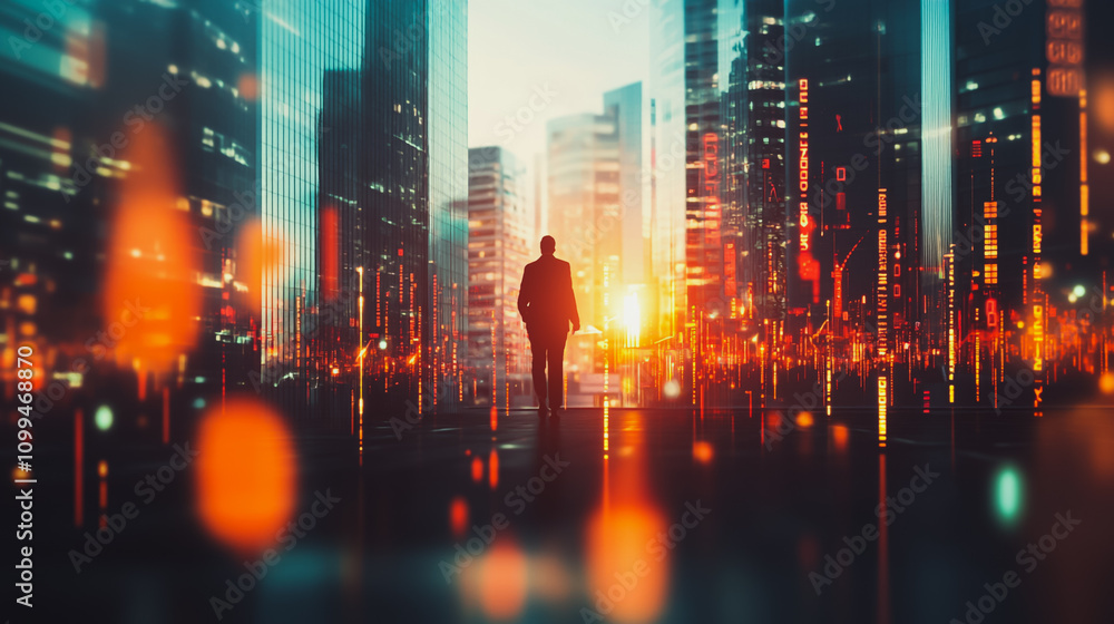 Obraz premium Smart digital Innovation city with connection network reciprocity over the sunset cityscape. of future wireless digital city and social media networking systems that connects people with in city