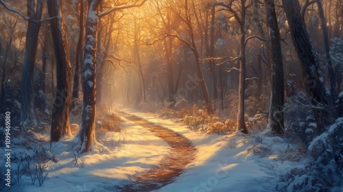 Lichtstrahlen durch verschneiten Wald