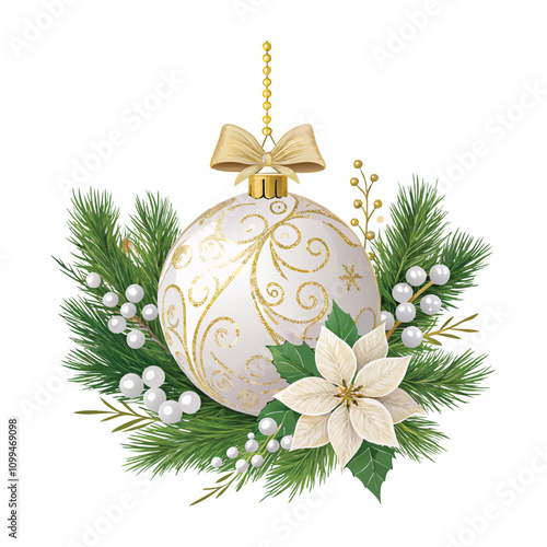 Celebrate the season with this stunning Christmas print featuring a luxurious white bauble with gold detailing, set amidst lush greenery and poinsettias, perfectly capturing festive elegance.
