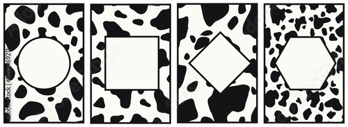 Black and white abstract cow spots pattern. Spotted skin animal background. Milk day print poster template with place for text. Simple black and white flat style. Isolated vector on white background