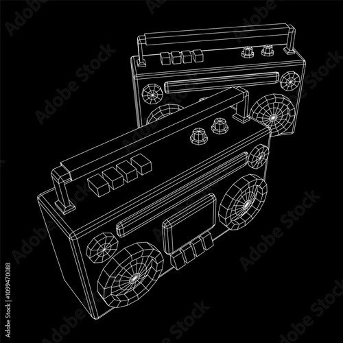 Retro Boombox outdated portable cassette tape recorder. Wireframe low poly mesh vector illustration.