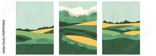 Unique abstract design green rice farm landscape with minimal vector pattern. Modern vintage illustration blends nature, ecology, agriculture, summer travel brochure, magazine cover, eco card, collage