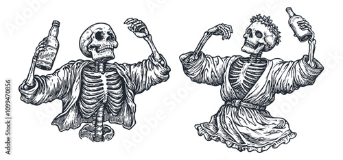 Skeletons dancing with a bottle of tequila in their hands, engraving style, vector illustration.