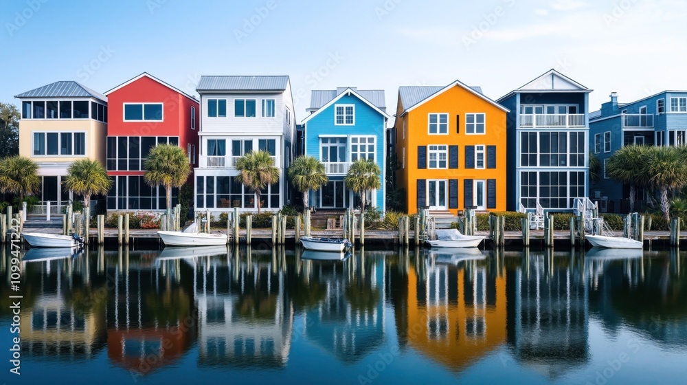Obraz premium Colorful waterfront houses with palm trees and boats reflecting in the calm water under a clear blue sky.