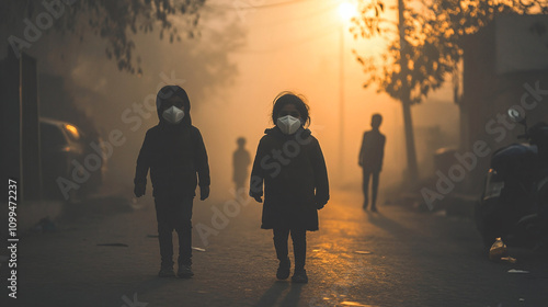 Silhouettes of children walking in the streets of delhi during smog.	 photo