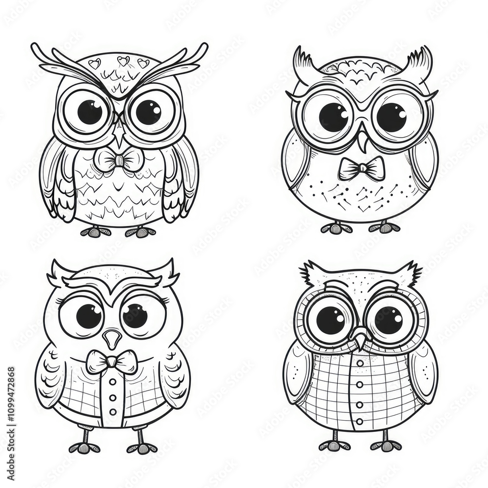 Fototapeta premium Cute funny owl set. Line art baby character illustration. Coloring book for kids