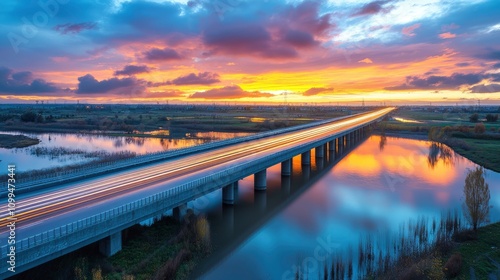 Wallpaper Mural A scenic sunset view of a bridge reflecting in water, showcasing vibrant colors and tranquility. Torontodigital.ca