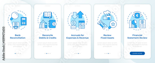 MonthEnd close task list blue onboarding mobile app screen. Walkthrough 5 steps editable graphic instructions with linear concepts. UI, UX, GUI template. Montserrat SemiBold, Regular fonts used