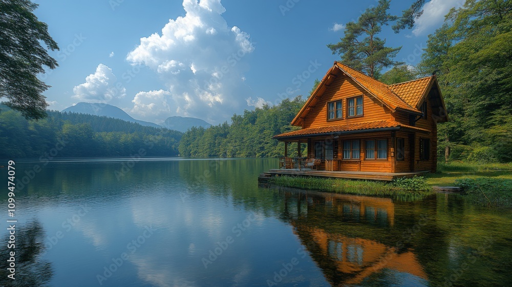 Obraz premium Nestled on the lakeshore, this inviting cottage offers a serene escape amidst beautiful nature, perfect for relaxation on a sunny day with gentle breezes.