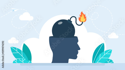 Danger of explosion and blow-up as metaphor of dangerous mental issue and breakdown of mind. A man with stress. Bomb in silhouette man head. Head with bomb instead on brain. Vector illustration.