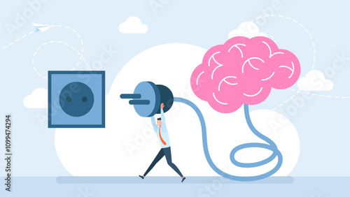 Turn on idea. A businessman charging a brain. Brain power switch. Man with electric plug near brain. Metaphor of mental and psychological support. Creativity and brainstorming. Vector illustration
