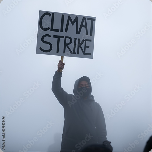 Climate Strike: A lone protester, shrouded in fog, raises a sign emblazoned with 