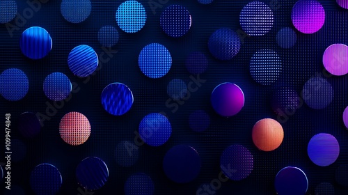 Abstract colorful circles on dark background forming a dynamic composition with varying textures and shades, ideal for modern design projects and digital art applications.