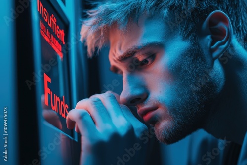 A pensive individual staring at an ATM screen showing 