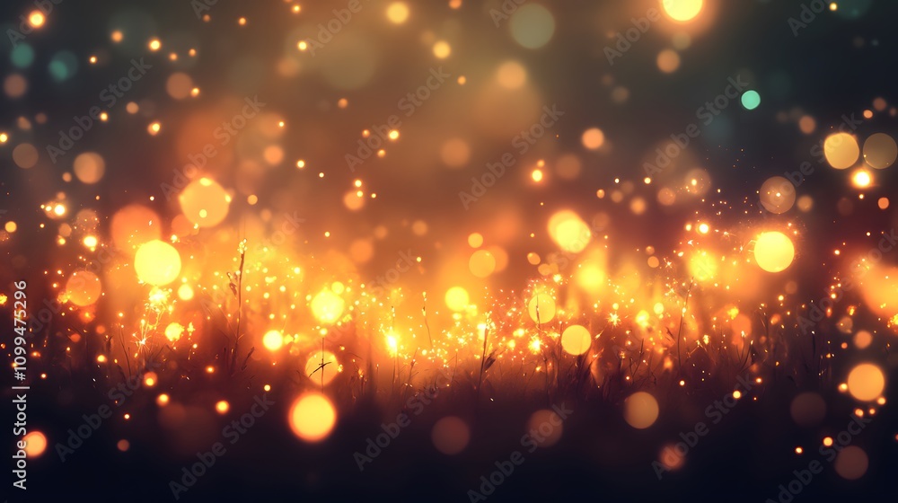 Obraz premium Golden Sparkles Illuminate Grassy Field At Night