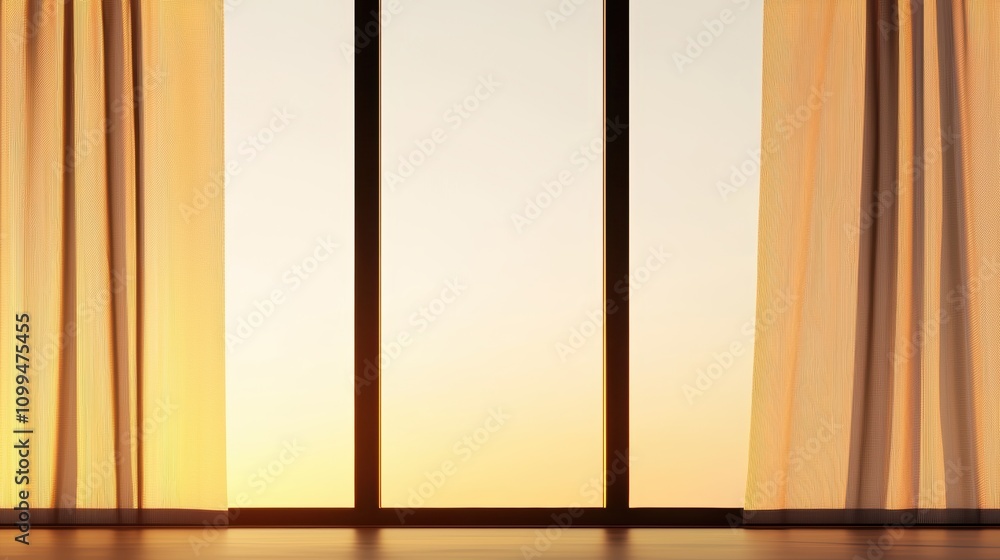 Fototapeta premium A soft-lit modern living room featuring a blank wall framed by tall windows with flowing sheer curtains