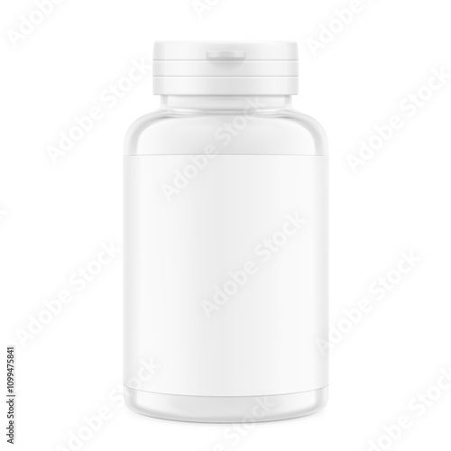 Clear plastic bottle container with snap-hinge cap. Vector illustration isolated on white background. Front view. Mockup perfect show your product with tamper evident push-on hinged cap. EPS10.