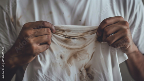 Hands Holding a Stained White Shirt with Dirt Marks
