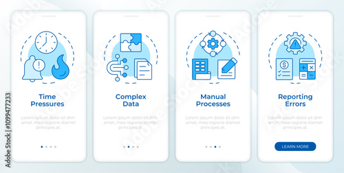 Financial close problems blue onboarding mobile app screen. Walkthrough 4 steps editable graphic instructions with linear concepts. UI, UX, GUI template. Montserrat SemiBold, Regular fonts used