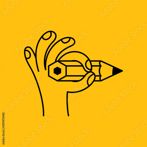 Vector simple linear illustration, hand poster, logo, print design template, hand drawn hand holding pencil and gesture in minimal modern art style
