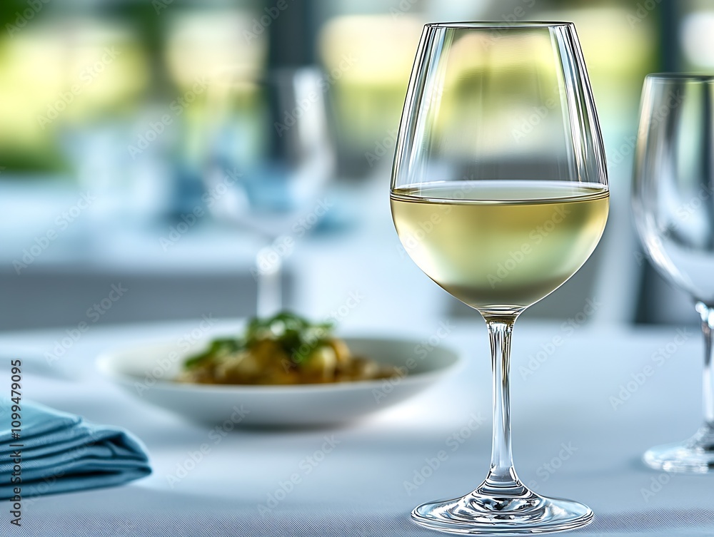 Fototapeta premium Upscale Dining Experience with Gourmet Dish and Elegant Glass of White Wine : Generative AI