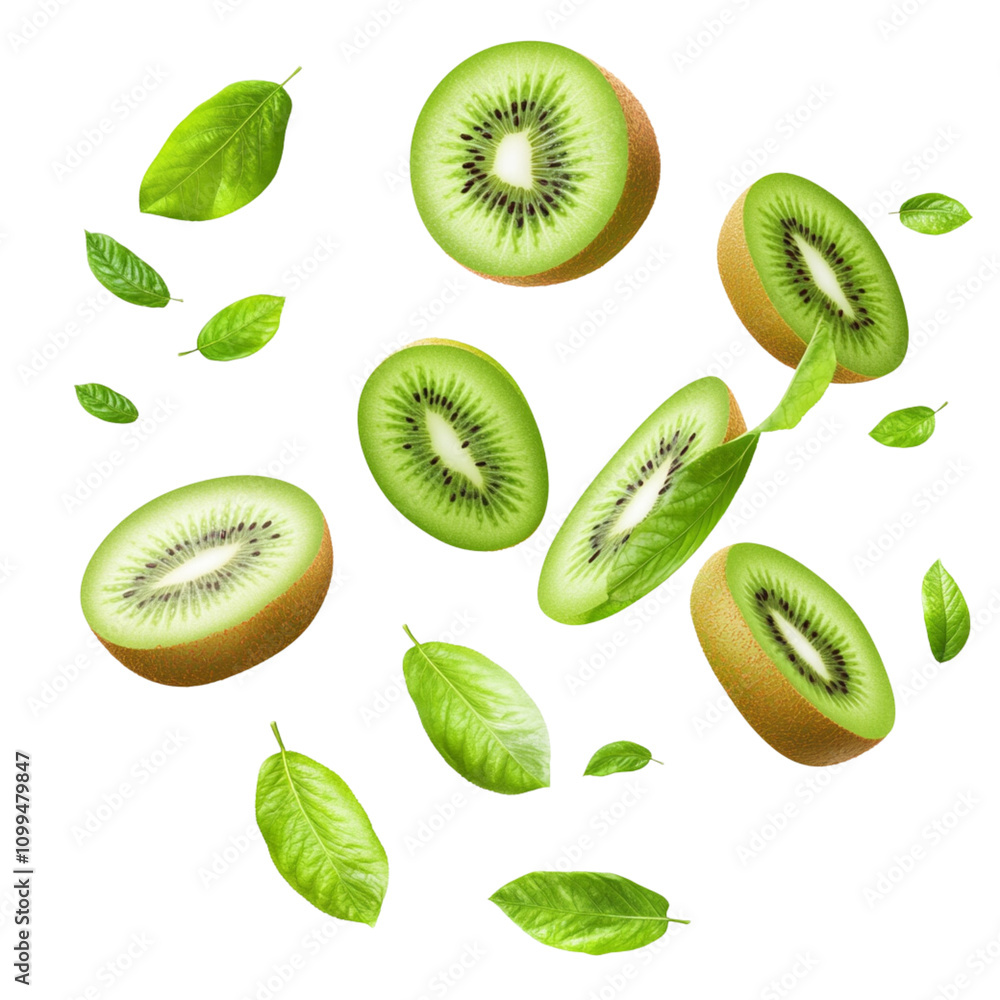 Fototapeta premium Falling kiwi fruit slices with green leaves on a white background