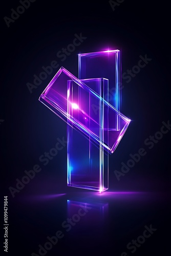 Abstract geometric shapes illuminated with vibrant neon colors in a dark setting, creating a futuristic and eye-catching visual effect with reflections