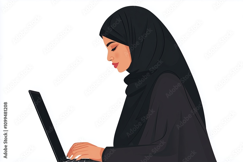 Emirati woman using laptop , against a white background. The design is simple, with flat colors and a minimalistic style Emirati woman using laptop , against a white background. The design is simple, with flat colors and a minimalistic style
