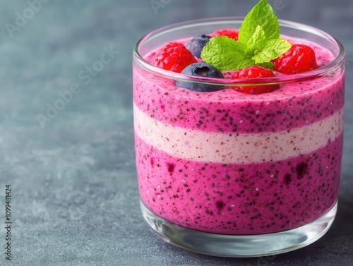 Chia seedinfused berry smoothie, layered with almond milk, refreshing and filling, suitable for weight control photo