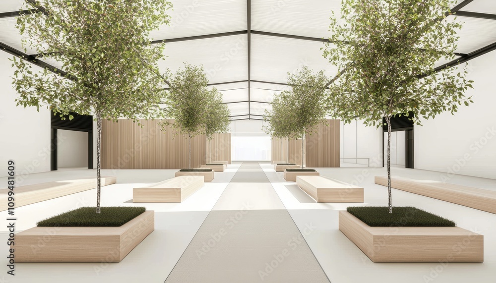 Fototapeta premium A presswall mock-up flanked by minimalist greenery and modern seating arrangements in a spacious event venue