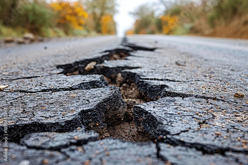 Severe asphalt cracks and road surface damage caused by earthquake impact on infrastructure
