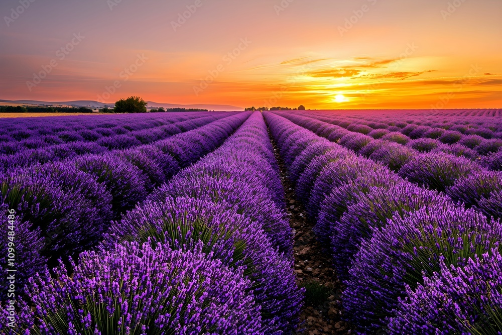 Fototapeta premium Vibrant lavender fields at sunset in a rural landscape