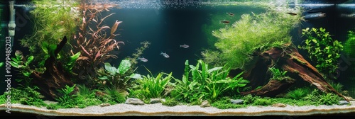 Freshwater Planted Aquarium with Diamond Tetra Fish and Live Plants. Aquascape with Frodo Stones and Redmoor Roots photo