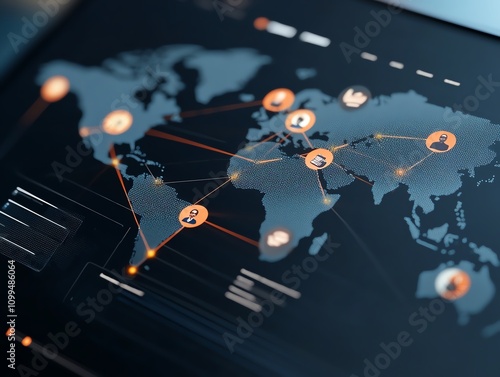 A 3D map showing global connections between team members in various time zones photo