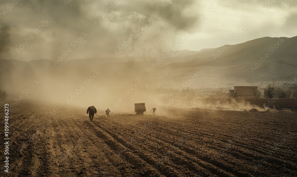 Fototapeta premium Dusty field, figures working, mountains.