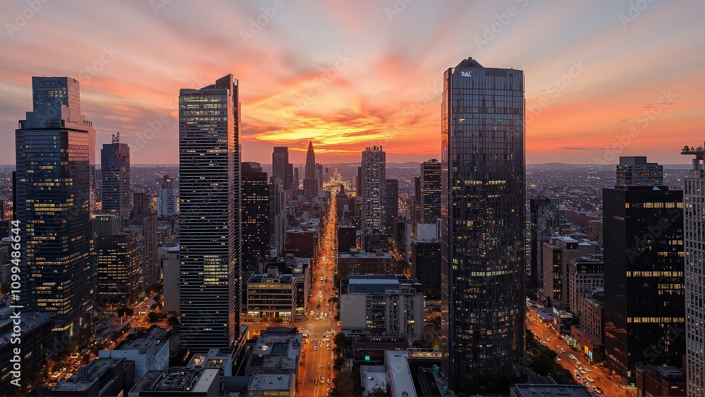 Fototapeta premium Generative AI, Modern Metropolis at Sunset with Reflective Skyscrapers