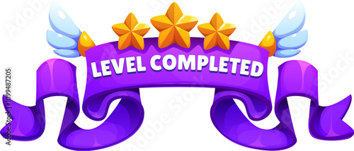 Game asset featuring a level completed badge icon with a purple ribbon, three golden stars, and wings. Cartoon vector banner for enhancing gaming interfaces and victory screens, conveying achievement
