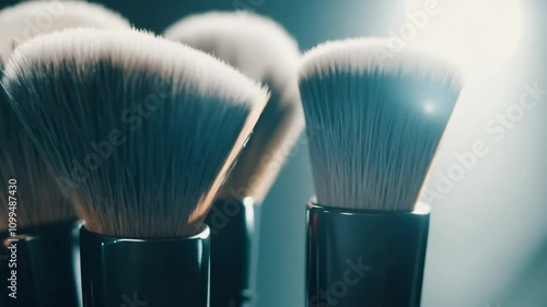 Close-up video of makeup brushes with gentle pan right, cool ambient lighting, establishing scene photo